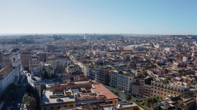 Aerial Drone View of Rome Historic Cityscape under Clear Blue Sky in Italy. Historic Landmarks from Above. Spanish Steps and Monumento a Vittorio Emanuele II.