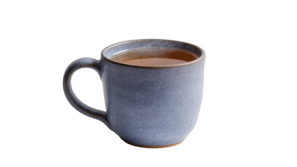 Isolated ceramic stoneware mug with hot brown beverage, rustic handmade cup design