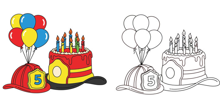 Firefighter 5th birthday cake with helmet and balloons, color and outline coloring page vector.