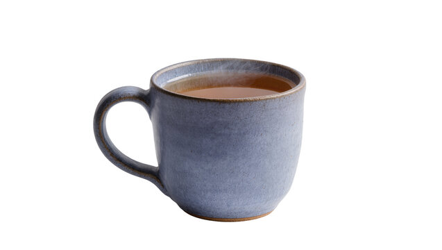 Isolated ceramic stoneware mug with hot brown beverage, rustic handmade cup design