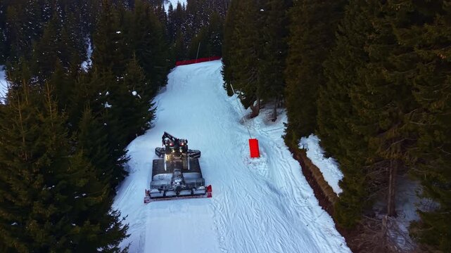A snow groomer moves along a ski trail in a mountainous region, creating a smooth surface for skiers. Tall evergreen trees surround the trail under a clear sky.