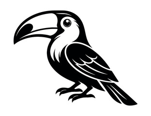 Fototapeta premium Toucan bird illustration offering a stylized black and white graphic, representing tropical rainforest wildlife and exotic nature concept