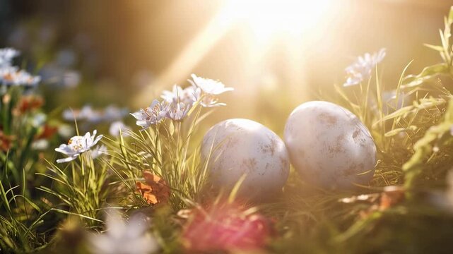 Sunlight warms grass and wildflowers gently. Two blue eggs rest among soft green blades. Tiny blooms surround them in quiet peace. Gentle glow hints at spring's renewal. Perfect for Easter, nature