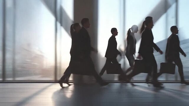 Silhouettes of business people walking in a modern office building with bright