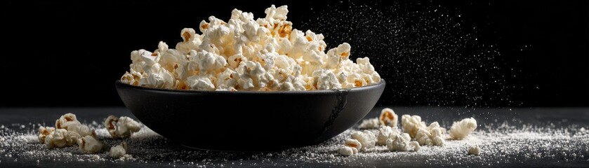 Freshly popped popcorn spilling from  dark bowl onto  dark surface with falling salt