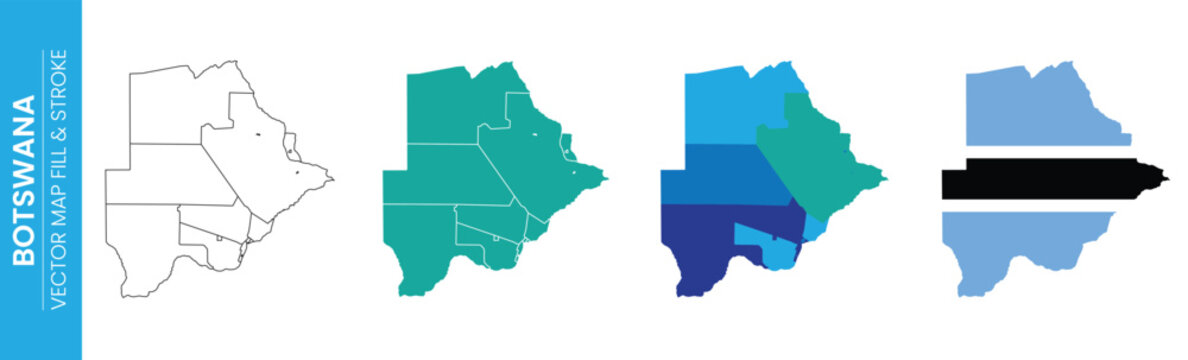 Botswana map presented in four visual variations including outline, solid fill, gradient color fill, and national flag. Useful for geography, travel, and political content.