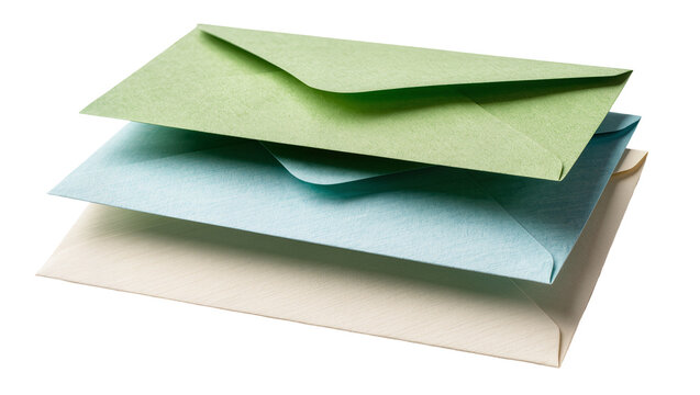 Isolated stack of three pastel colored mail envelopes for communication and stationery.