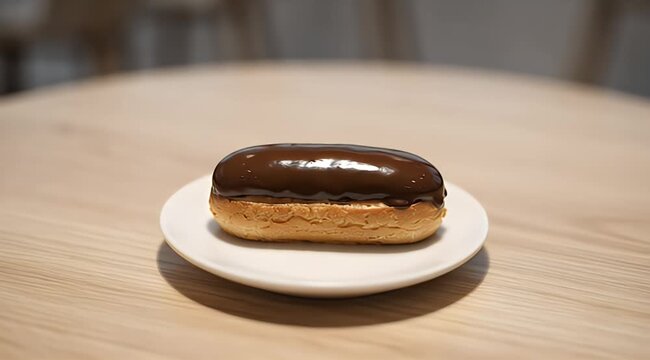 A shiny chocolate eclair on a white plate sits on a wooden table, blurred background