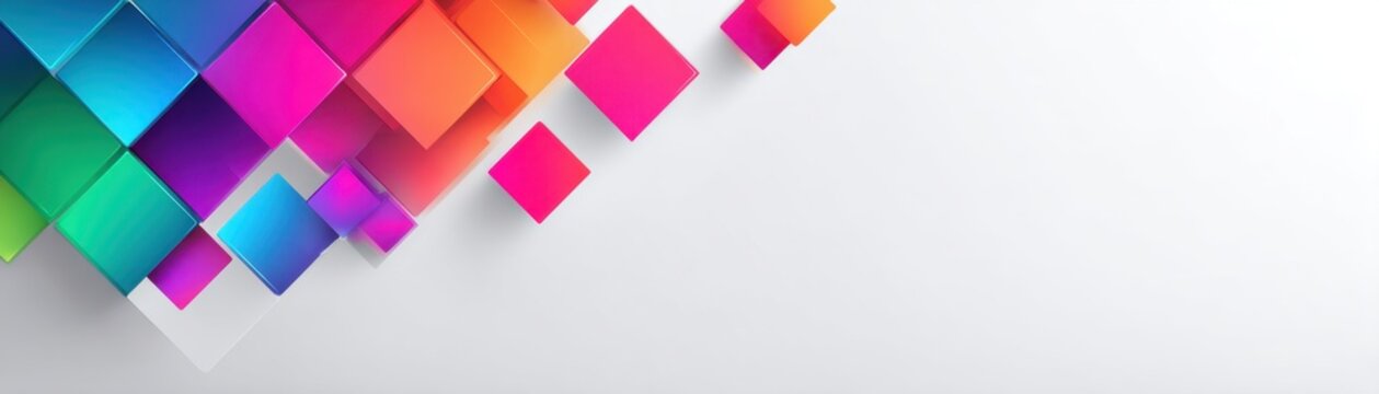 Brightly colored three dimensional diamond shapes cascade from the upper left corner onto  white surface