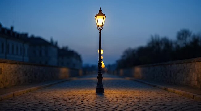 Ornate street lamp illuminates a cobblestone path at twilight, flanked by walls, buildings, and trees