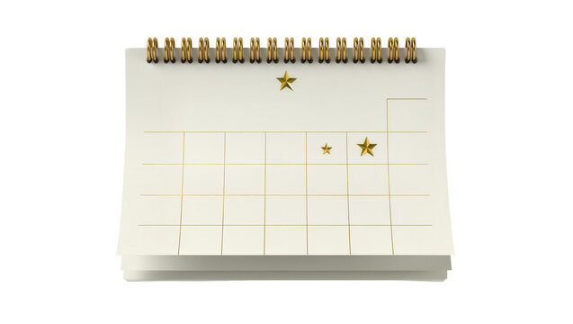Isolated blank monthly planner calendar with golden stars for marking important dates