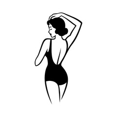 Logotipo con dibujo con líneas de una mujer con bikini de estilo retro, posando de espaldas con una mano en la cabeza  © teracreonte