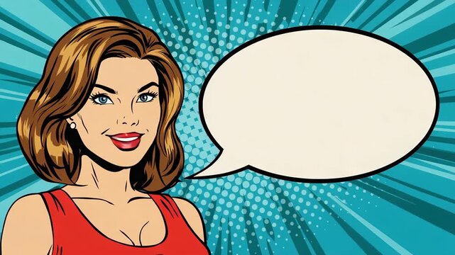 Pop Art Woman with Blank Speech Bubble on Comic Style Blue Background