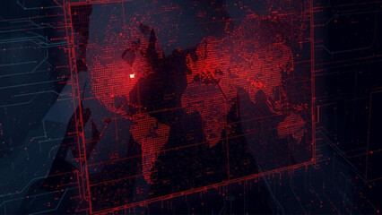 Global threat map with red glowing world continents on dark background © ABRAR