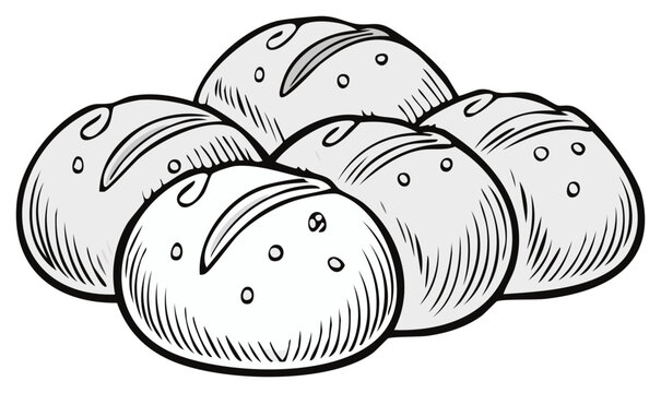 Hand drawn sketch of a pile of rustic crusty bread rolls with scoring