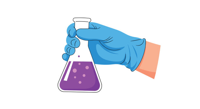 Close up of a hand wearing a blue protective glove holding a conical flask filled with bubbling purple liquid.