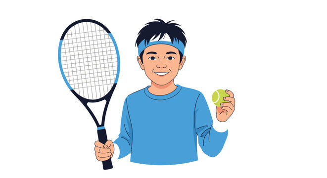 Smiling young boy with a blue headband holds a tennis racket and a tennis ball while preparing for a sports game.