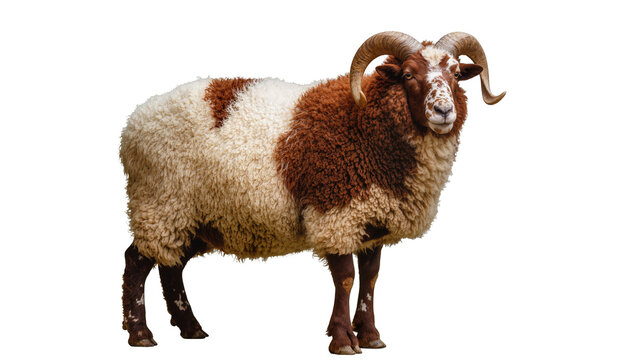 Isolated majestic ram standing proudly with thick brown and white wool and impressive horns