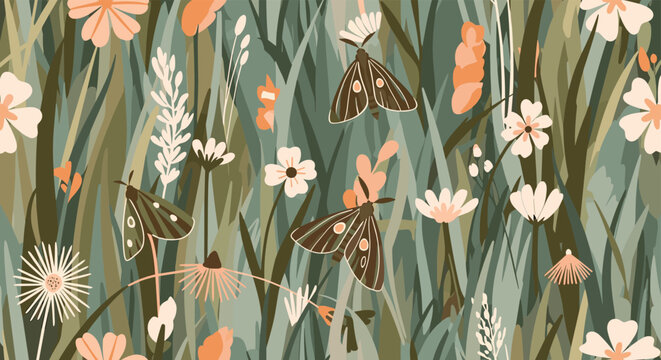 Seamless pattern of wildflowers, grasses, and moths is presented in a muted color palette for a vintage botanical look.