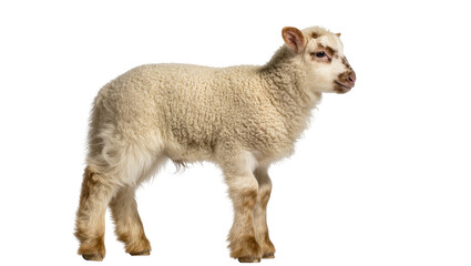 Isolated adorable young lamb with fluffy wool and unique brown facial markings standing © Trym