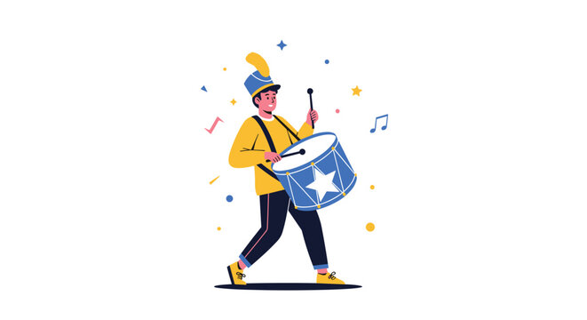 Energetic marching band member in a bright yellow and blue uniform plays a decorated drum amid festive colorful shapes.