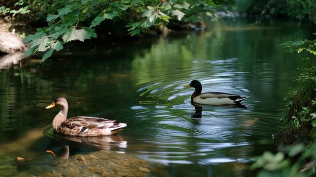 Two ducks swimming in a clear forest stream surrounded by lush green foliage.