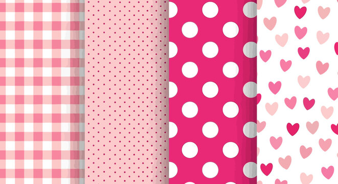 Set of Seamless Pink Patterns with Gingham, Polka Dots, and Hearts for Valentine's Day and Baby Shower Decor