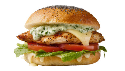 Isolated delicious grilled chicken burger with fresh vegetables and creamy sauce on poppy seed bun