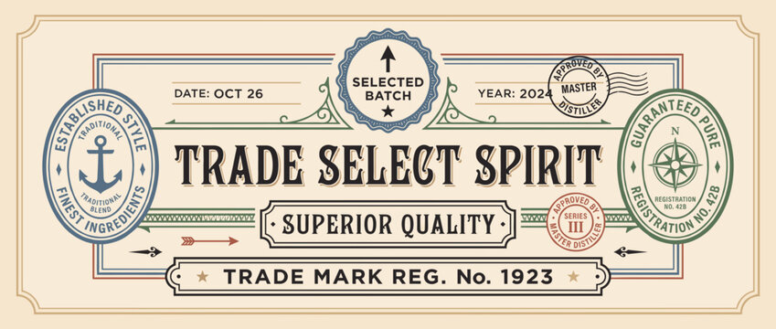 Label for Trade Select Spirit showing selected batch with established date and trademark information for quality assurance