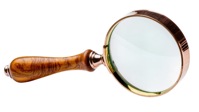 Isolated antique brass magnifying glass with wooden handle for detailed investigation