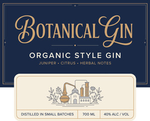 Obraz premium Botanical gin label with details about organic style and ingredients in a simple design