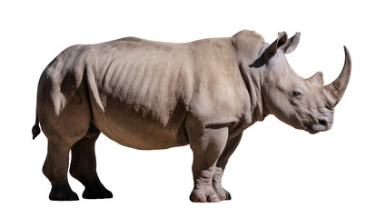 Obraz premium Isolated powerful grey rhinoceros with prominent horns standing in a full-body profile shot