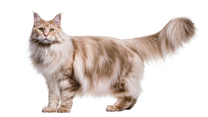 Isolated beautiful long-haired Maine Coon cat standing and looking forward calmly
