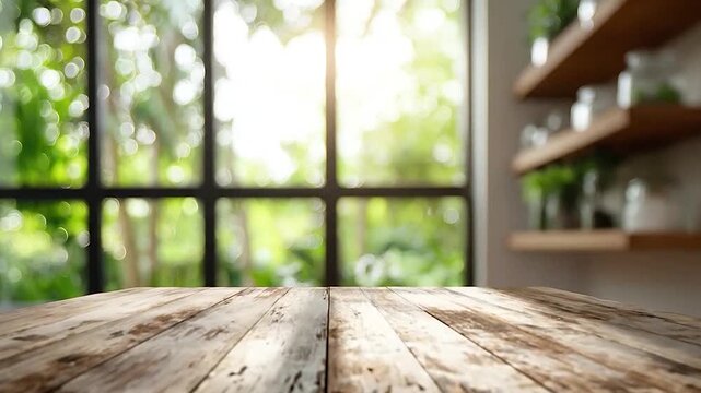 Empty rustic wooden table with blurred green nature background through a window