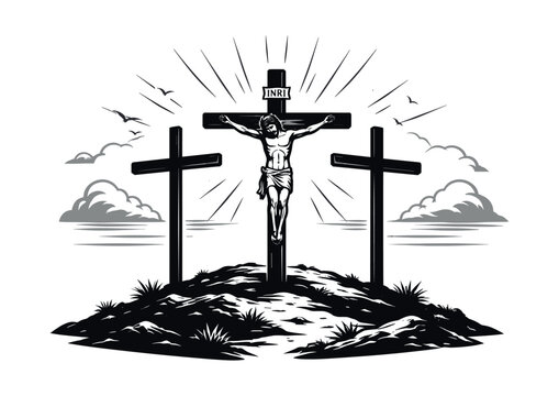 Jesus Christ crucified on the central cross at Calvary, surrounded by two other crosses under a radiant sky conveying faith