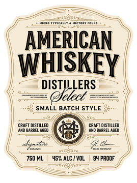 Label design for American whiskey featuring distillers select small batch style in a vintage layout with specific alcohol details