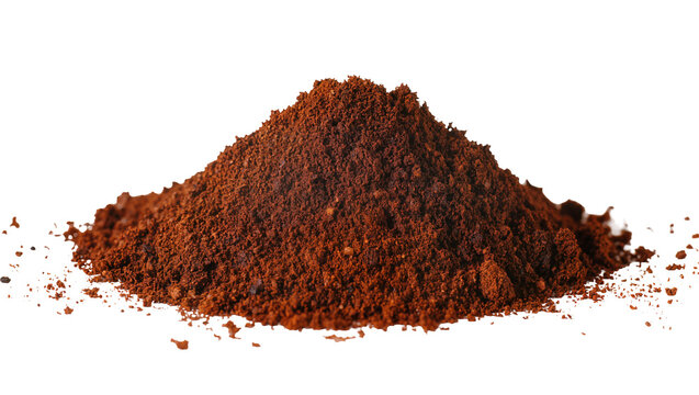 Isolated pile of finely ground aromatic roasted coffee powder ready for brewing