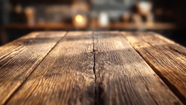Empty rustic wooden table surface with blurred background in a cozy setting