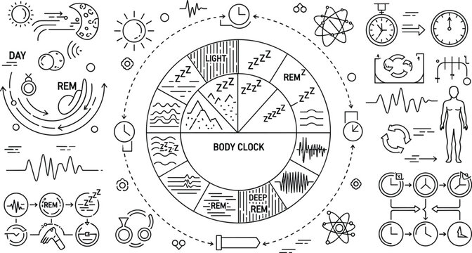 Human Sleep Cycle and Circadian Rhythm Body Clock Icon Set Featuring REM Stages, Time Phases, Biological Rhythms, and Health Monitoring Elements