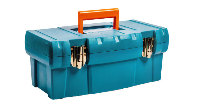 Isolated vibrant blue plastic toolbox featuring a bright orange handle and shiny golden latches