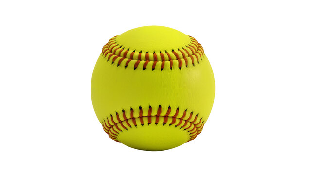 Isolated bright yellow softball with classic red stitching, perfect for a competitive sports game