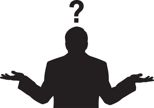 Confused person silhouette with question mark shrug gesture, uncertainty concept
