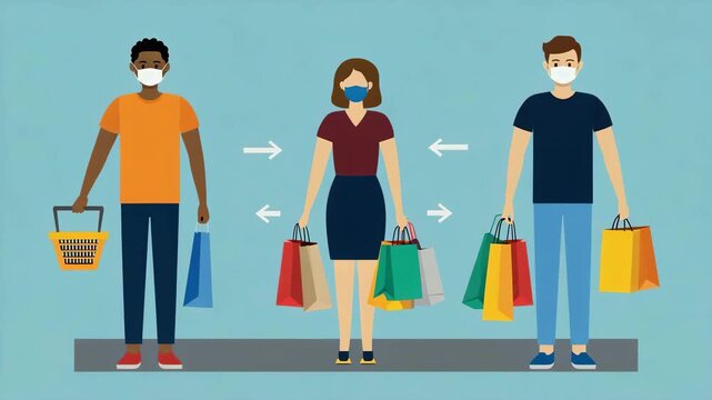 People Wearing Masks Shopping with Social Distancing Safety Awareness Illustration