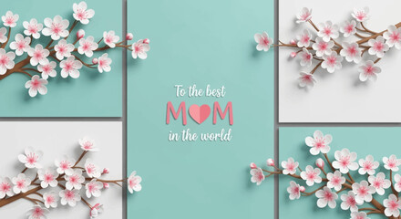 Mother's Day Greeting Card with 3D Paper Cut Cherry Blossoms and Heart Illustration on Teal Background © Resa