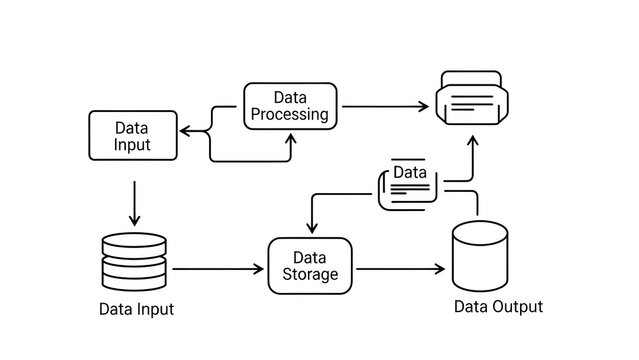 Abstract black and white micro-line network diagram illustrating a complete data processing system, encompassing data input, transformation, storage, and final output stages