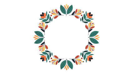 Obraz premium Beautiful circular floral wreath composed of orange flowers and green leaves isolated on a plain white background for decor.