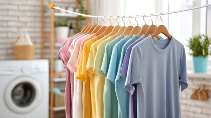 Fototapeta premium Pastel tee shirts hanging on line in bright laundry area