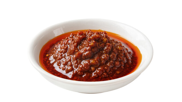 Isolated flavorful spicy chili crunch oil sauce in small white ceramic bowl for Asian food