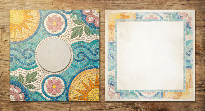 Double-sided invitation mockup with colorful mosaic patterns featuring sun, waves, and flowers. Handcrafted Mediterranean tile aesthetic on a rustic wood background with blank text spaces.
