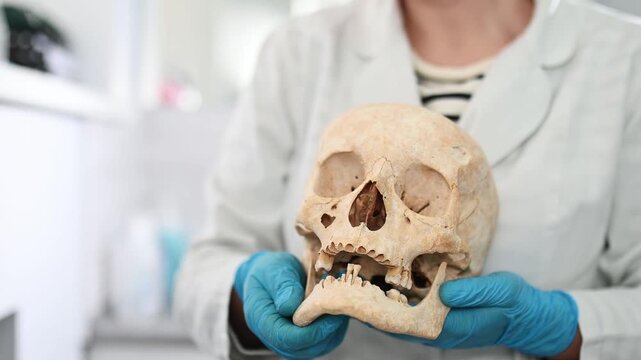 A doctor holds human skull against a blurred background. Archaeological excavations, a symbol of death. Stomatologist showing old skull and teeth